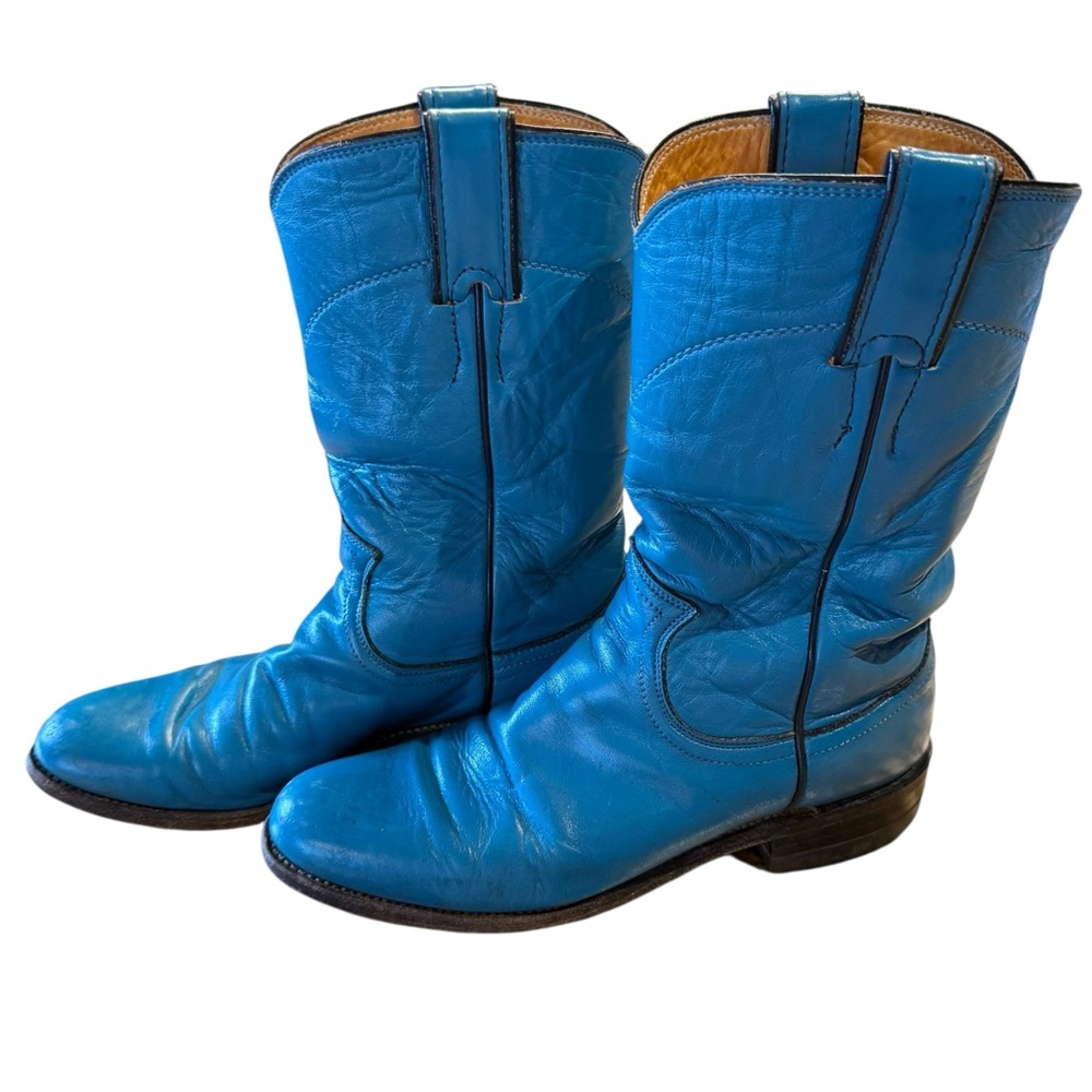 Vintage Justin Roper Boots In Turquoise Leather Womens Size 5.5B Made USA - Picture 3 of 7